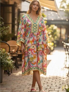 Johnny Was Floral V-Neck Caftan in Pink, Yellow, Teal, Orange